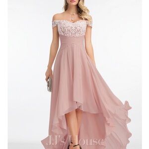 A-line, Off the Shoulder, Asymmetrical, Lace Chiffon Evening Dress With Pleat
